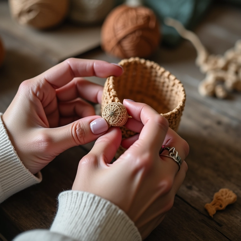 Artesã finalizando cesto de crochê com base de MDF em ateliê.