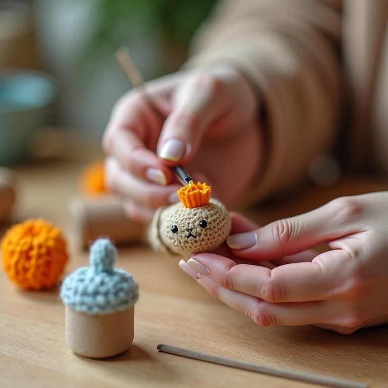 Artesã finalizando detalhe em amigurumi de rolo de papel.