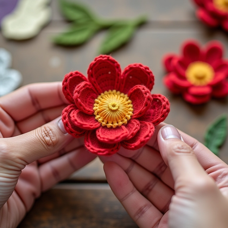 Artesã fixando pétalas de flor de crochê.