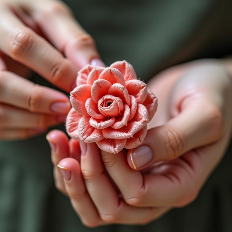 Artesã franzindo fita de cetim para flor de crochê.