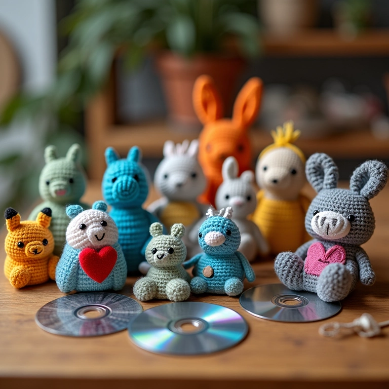 Artesanato diverso de amigurumi com CDs reciclados.