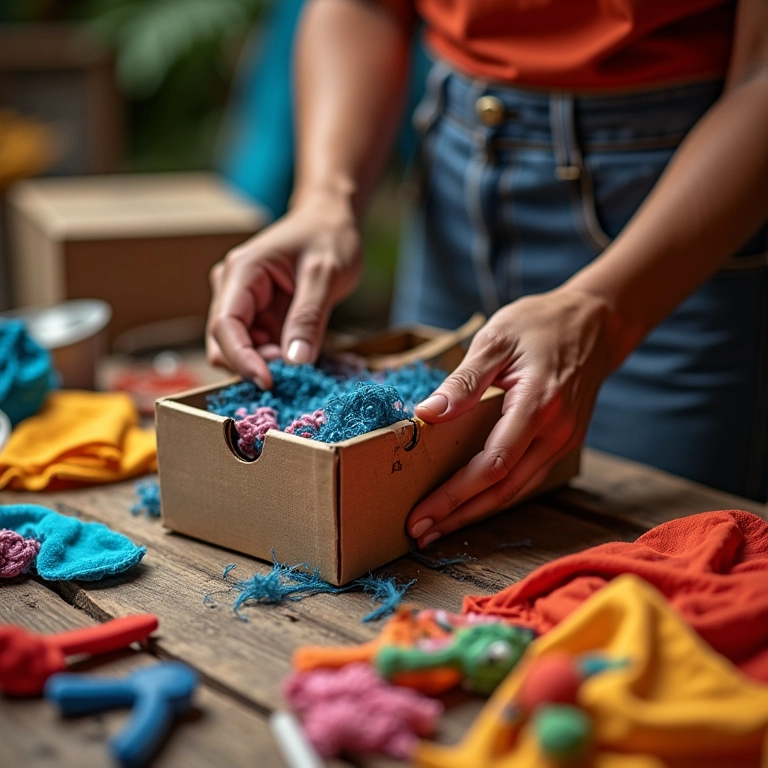 Artesanato com caixa de sapato: como fazer Artesão criando peça única com caixa de sapato, tecidos coloridos e ferramentas.