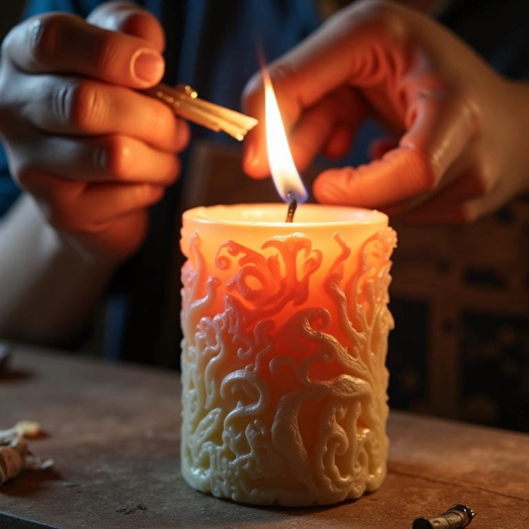 Artesão esculpindo vela com detalhes intrincados.
