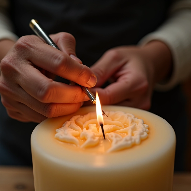 Artesão usando ferramentas de escultura em vela.