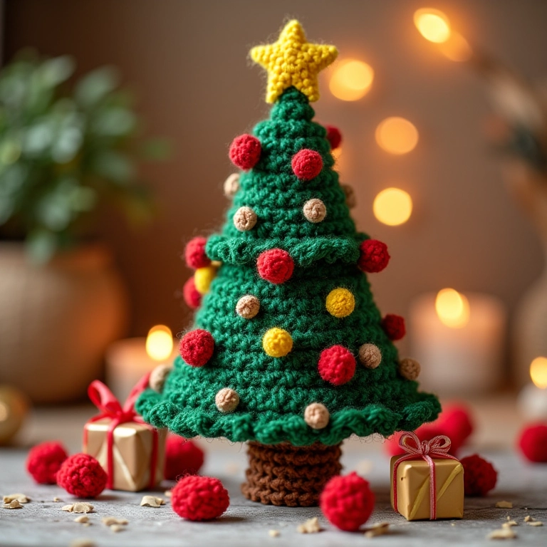Árvore de Natal de amigurumi feita com caixas de leite recicladas, detalhes em crochê.