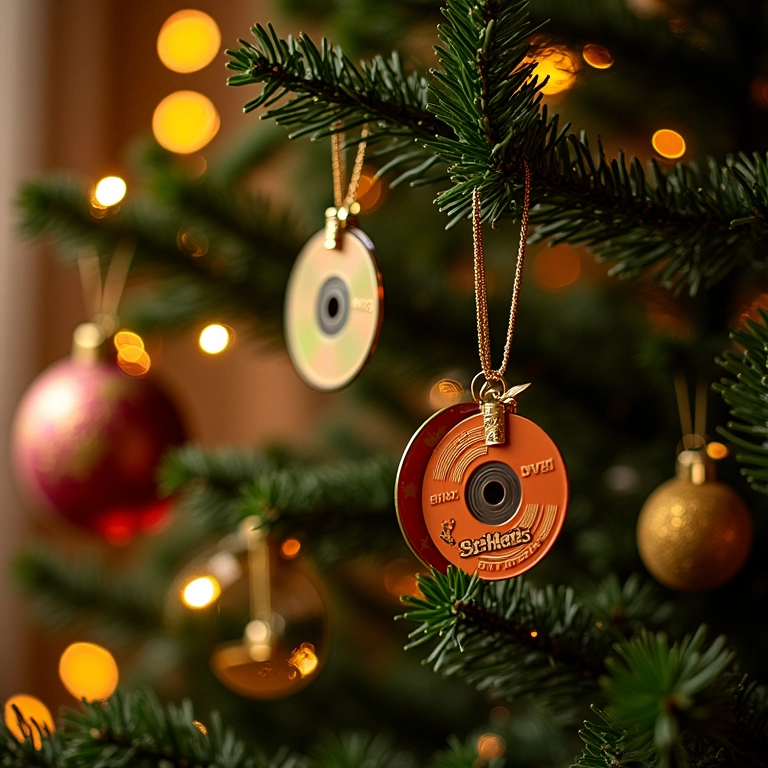 Árvore de Natal decorada com enfeites de CD, decoração sustentável.