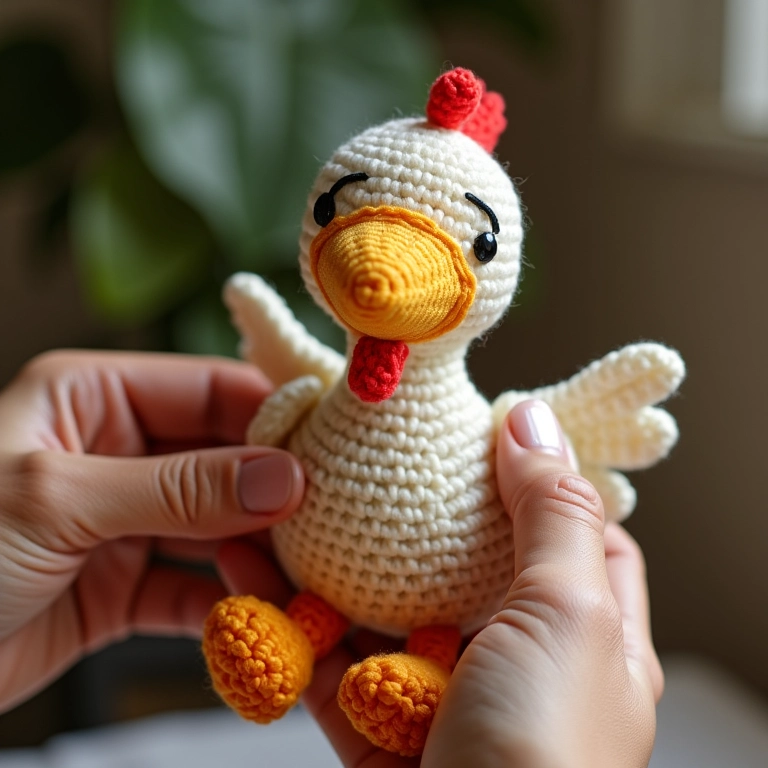 Asas e bico da Galinha Pintadinha em crochê sendo finalizados.