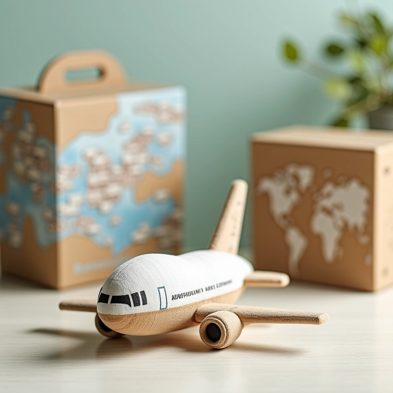 Avião de crochê perto de caixa MDF tema viagem.