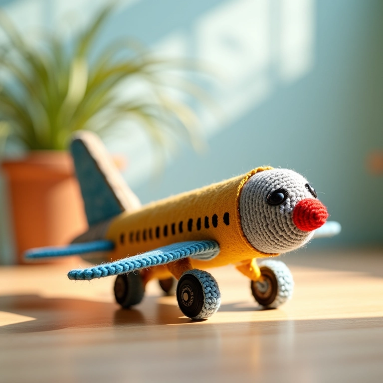 Avião em amigurumi feito com caixa de sapato reciclada.