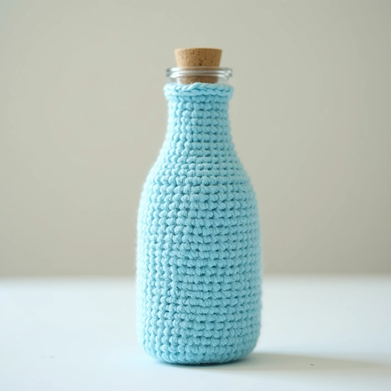 Base de crochê azul para amigurumi de garrafa com decoupage.