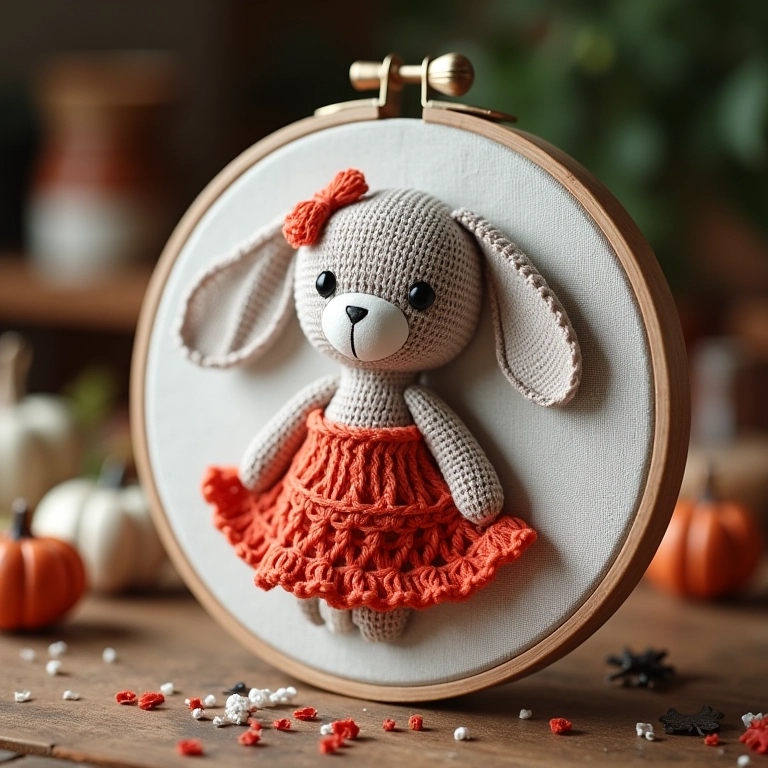 Bastidor de bordado com amigurumi inacabado.