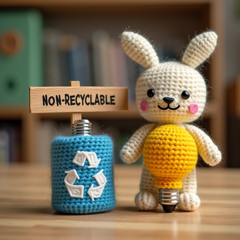Bateria e lâmpada de crochê com sinal de 'não reciclável'.
