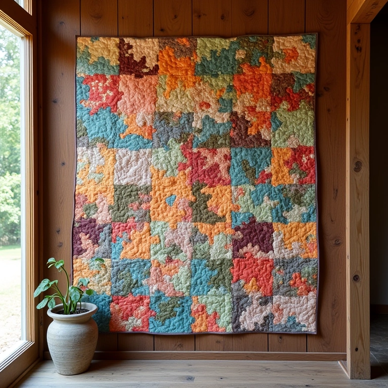 Blocos de colcha 'jelly roll' dispostos em uma parede de design, planejando o layout.