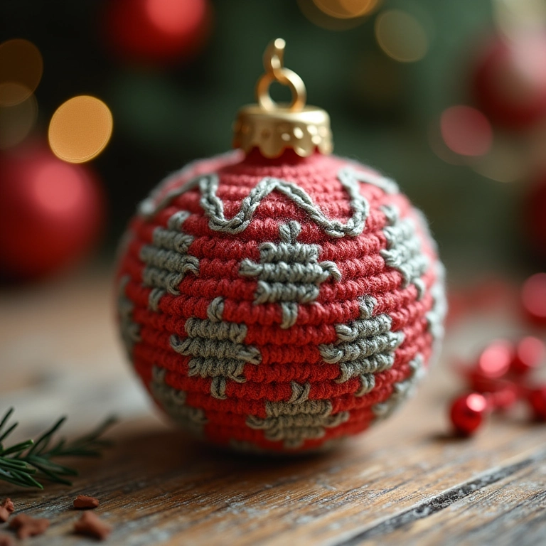 Bolinha de Natal feita de amigurumi e revista reciclada.
