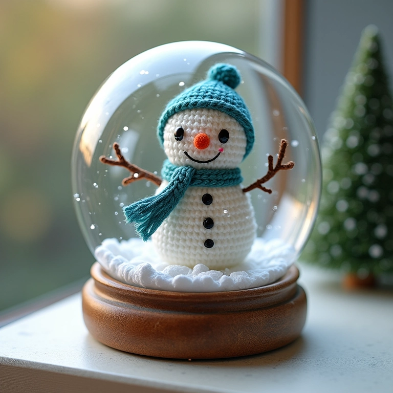 Bolinha de neve decorada com boneco de neve de amigurumi.