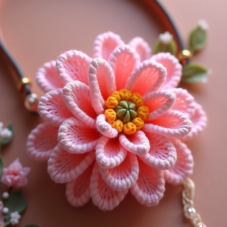 Bolsa украшенияda com flor de fita de cetim amigurumi.