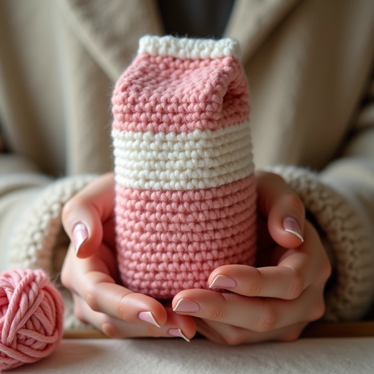 Bolsa de crochê em andamento nas mãos de uma artesã.