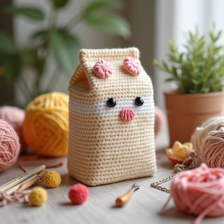 Bolsa de crochê em forma de caixa de leite, feita à mão.