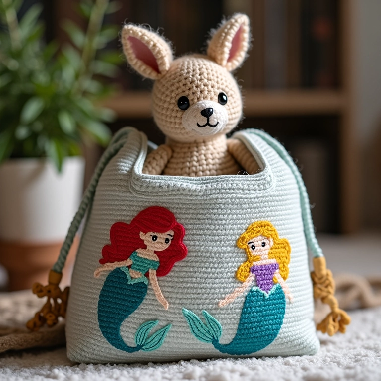 Bolsinhas de tecido com estampas da Ariel em crochê.
