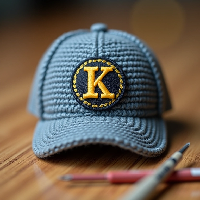 Boné de amigurumi com logo bordado.