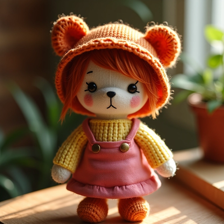 Boneca de amigurumi com vestido de tecido artesanal.
