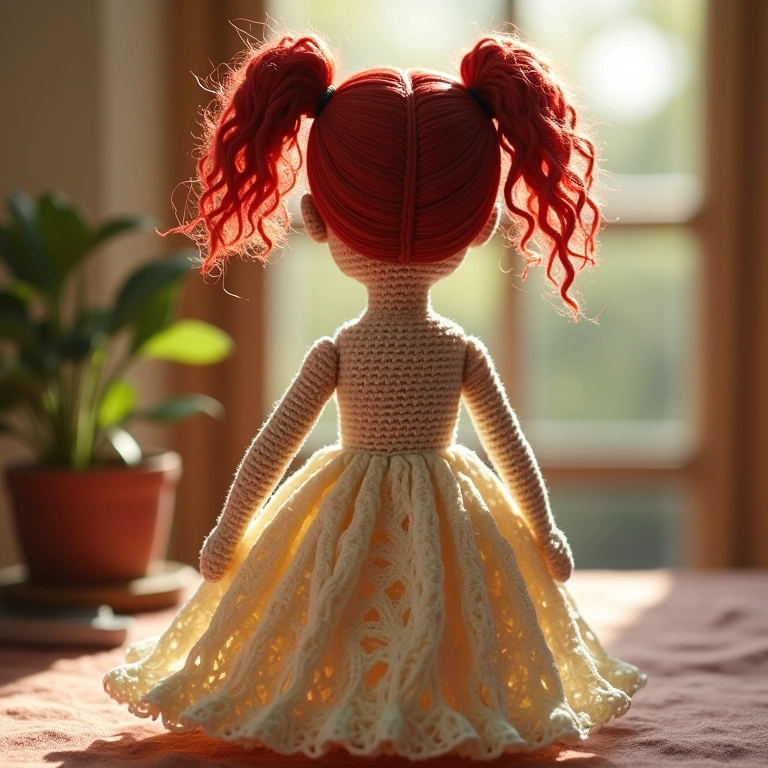 Boneca de crochê com vestido em ponto relevo traseiro, elegância sutil.