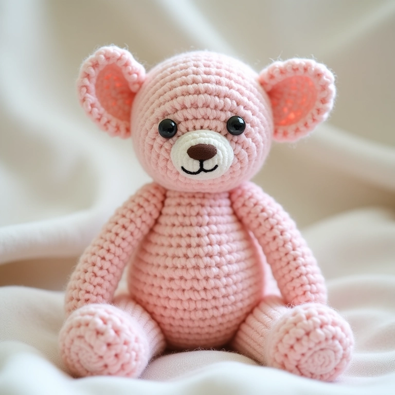 Boneca de crochê feita com tecido de cores suaves.