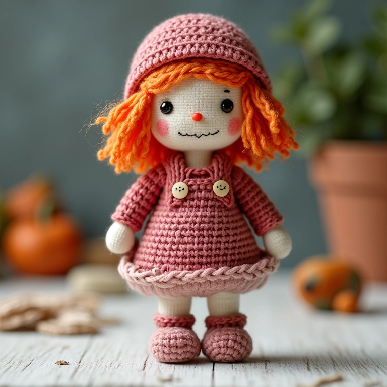Boneca de pano amigurumi com roupa de crochê.
