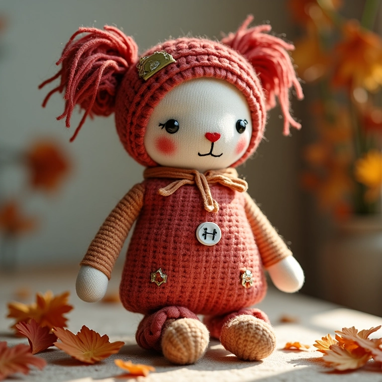 Boneca de pano amigurumi decorada com botões e fitas.