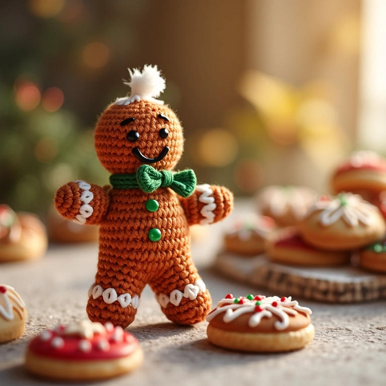 Boneco de gengibre de crochê ao lado de biscoitos decorados, em embalagens temáticas de Natal.
