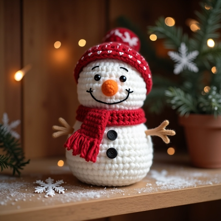 Boneco de neve de crochê em prateleira de madeira.