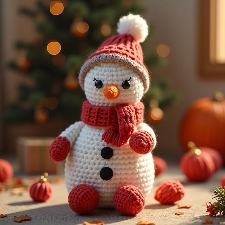Boneco de neve de crochê feito com meias velhas recicladas.