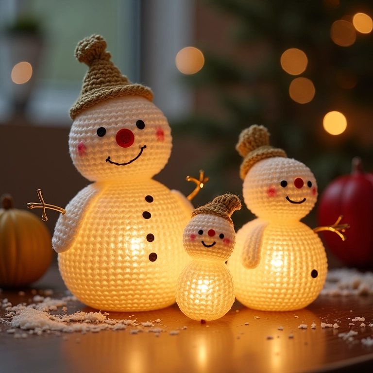 Bonecos de neve de amigurumi com lâmpadas.