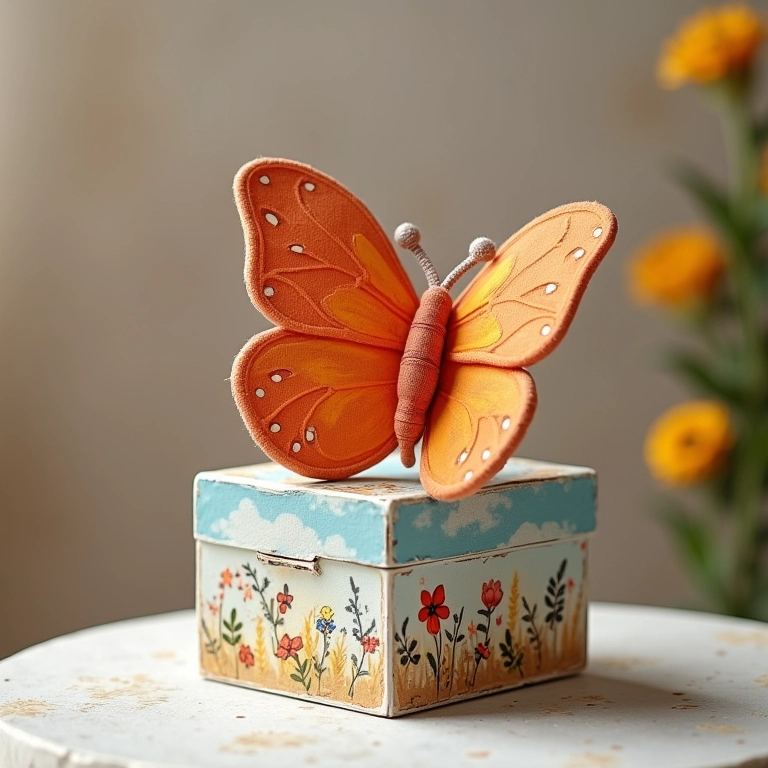 Borboleta amigurumi em caixa MDF com decoupage.