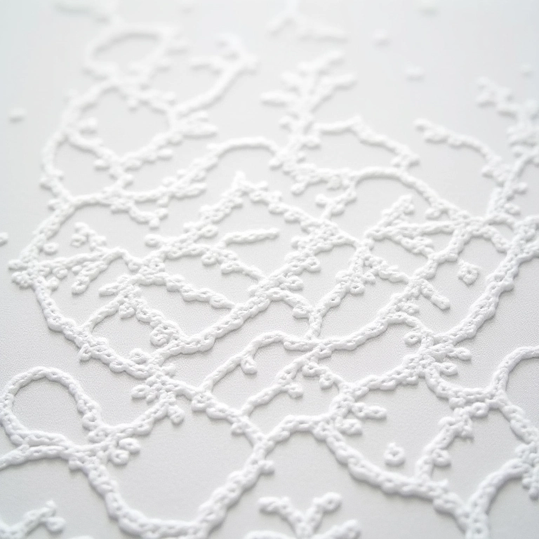 Bordado Hardanger detalhado, com padrão geométrico em branco sobre branco, com foco na delicadeza.