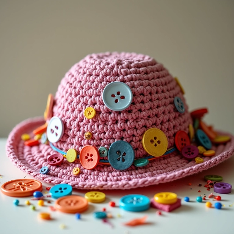 Botões, fitas e miçangas para decorar brinquedos de papel de crochê.