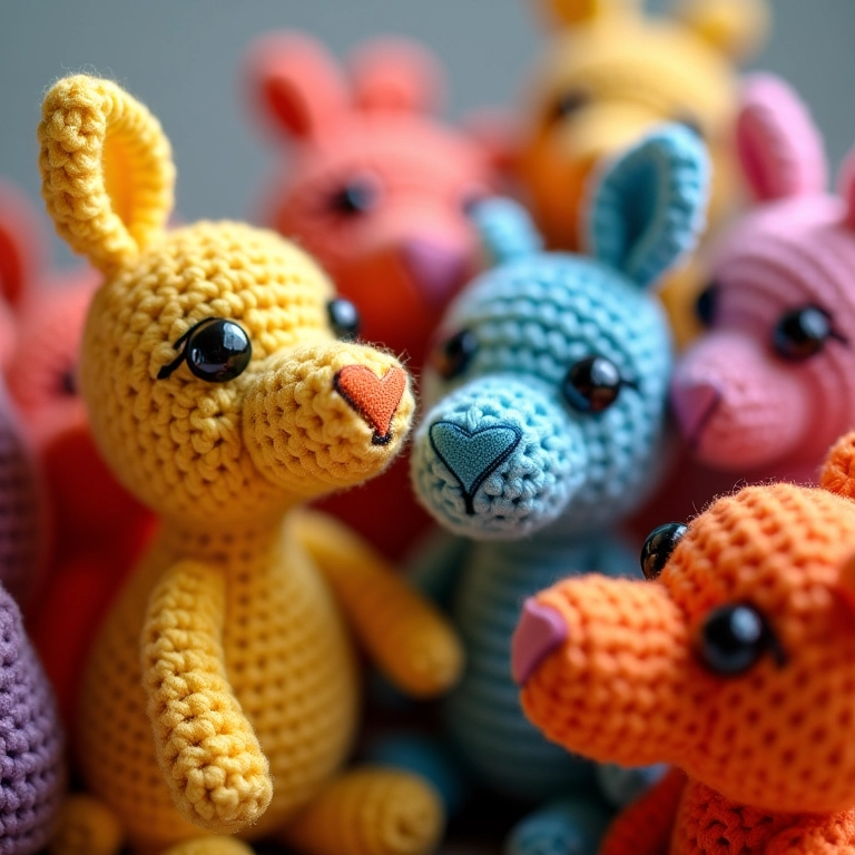 Brinquedos de amigurumi coloridos com detalhes dos pontos.