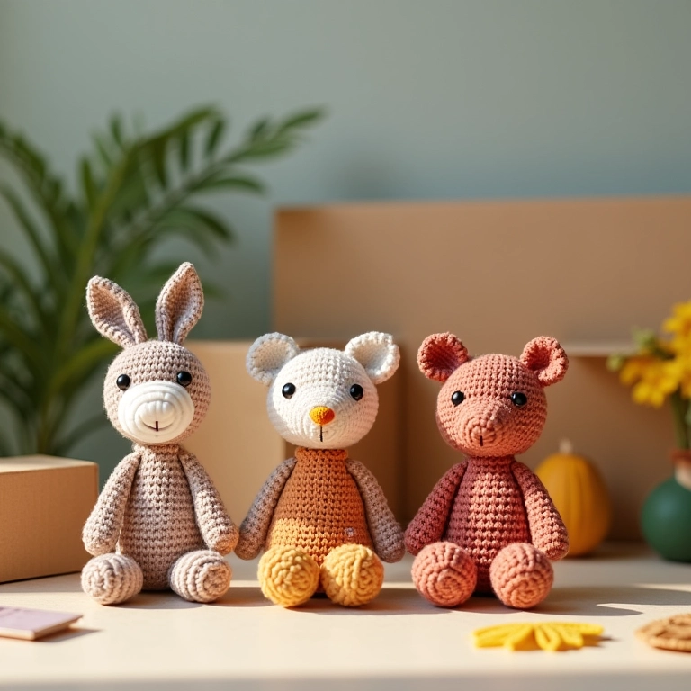 Brinquedos de amigurumi feitos com crochê e caixas de papelão recicladas.