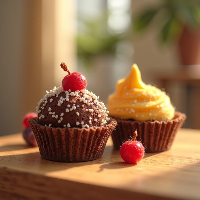 Brownies ou mini cupcakes decorados com detalhes de crochê amigurumi.