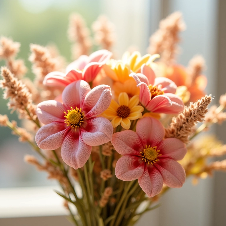 Buquê de flores de amigurumi com flores secas.