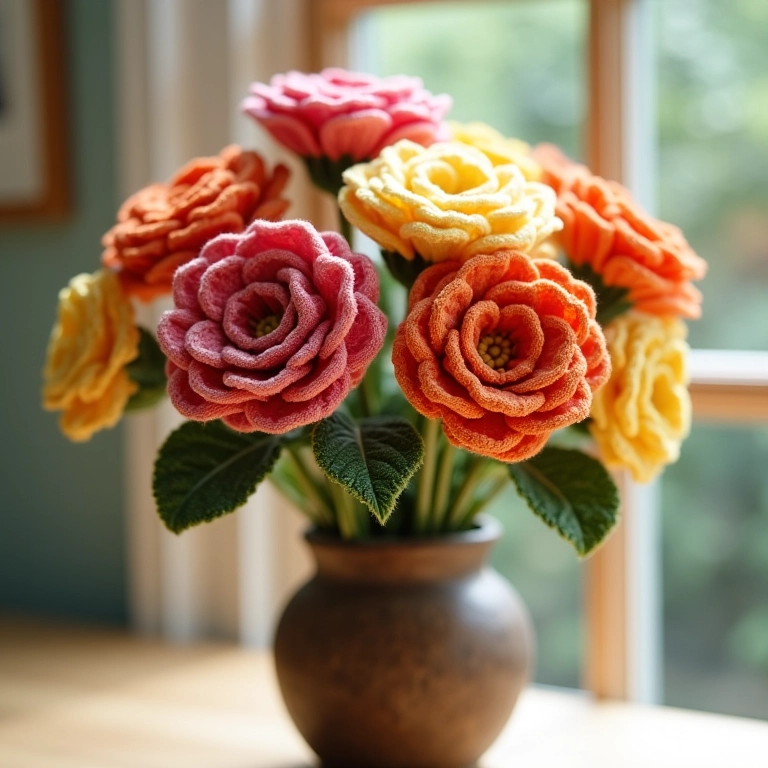 Buquê de flores de crochê em vaso rústico.