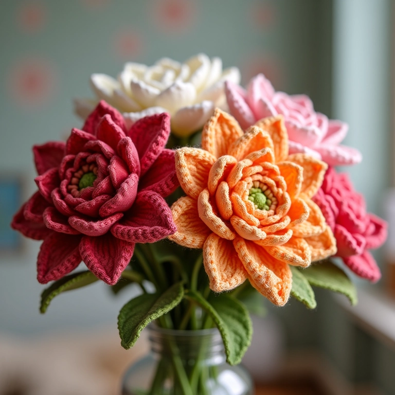 Buquê de flores de fita de cetim em amigurumi para tiaras.