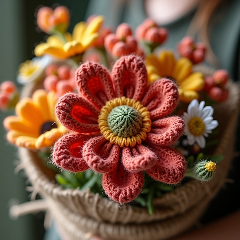 Buquê de flores do campo em amigurumi com embrulho de juta rústica.