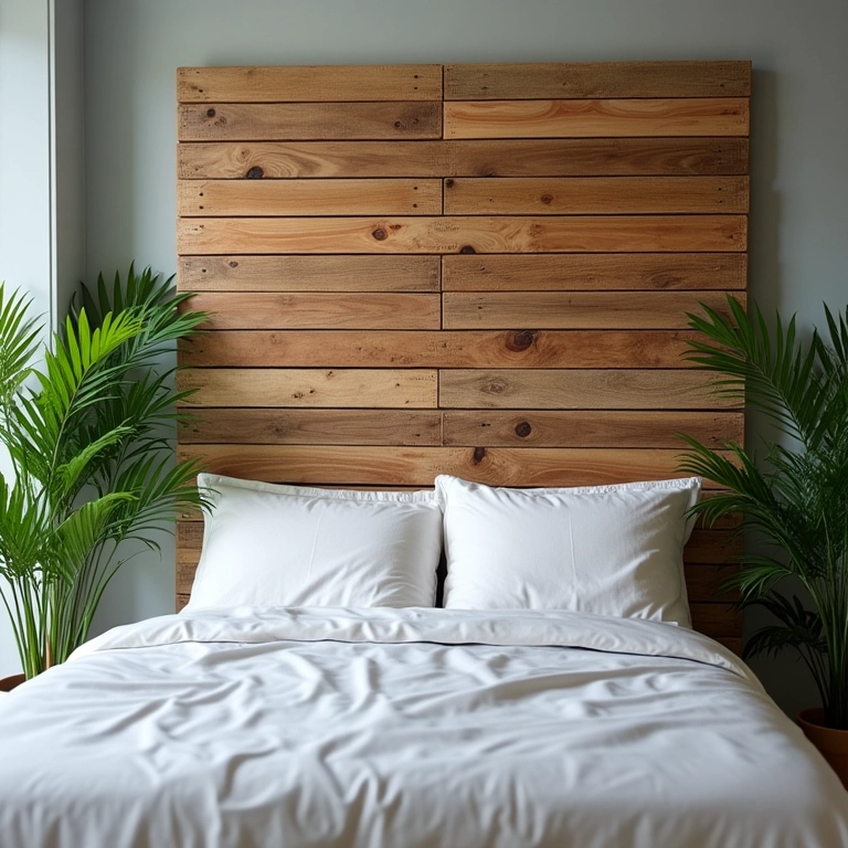 Cabeceira de cama feita com paletes reciclados em quarto estiloso e iluminado.