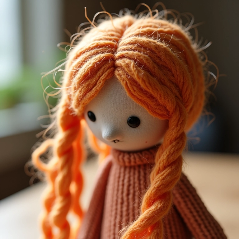 Cabelo de crochê sendo colocado em boneca de pano amigurumi.