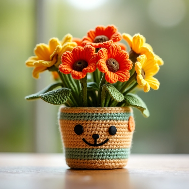 Cachepot de amigurumi feito com crochê em lata decorada reciclada.
