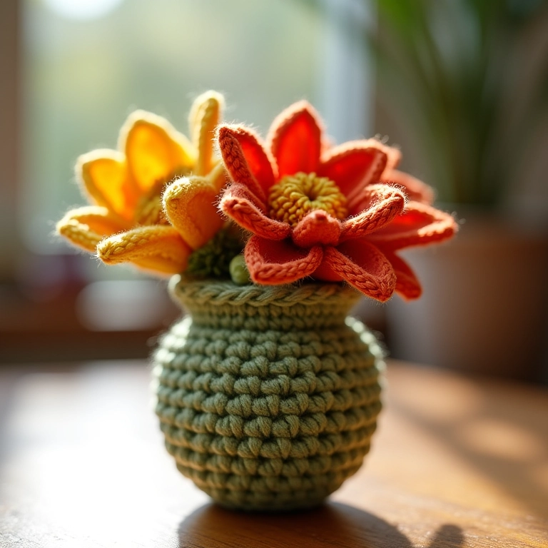 Cachepot de crochê artesanal com detalhe de flor.