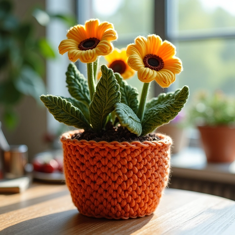 Cachepot de crochê com ponto relevo cruzado, efeito decorativo.