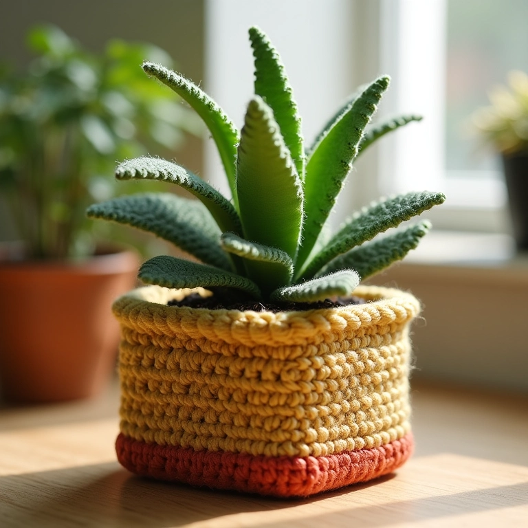 Cachepot para plantas de crochê em caixa de sapato.