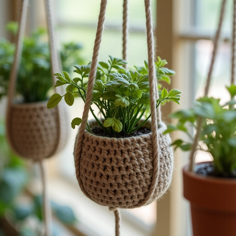 Cachepots de crochê com detalhes em amigurumi, pendurados em nichos decorativos.